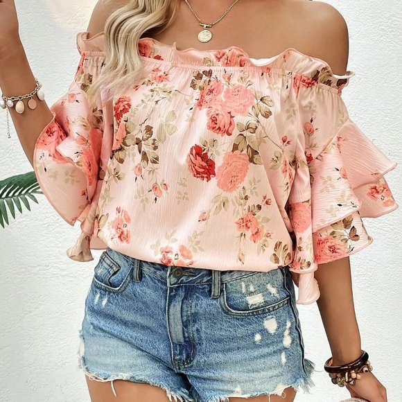 MODA ME COUTURE Tops - Floral Print Off Shoulder Ruffle Trim Flounce Sleeve Blouse